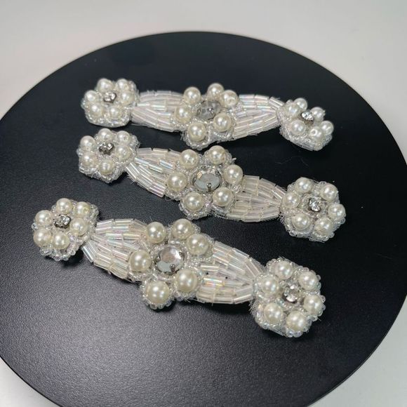 Vintage Beaded faux Pearl and rhinestone with bugle beads patched sew ons - Picture 1 of 3